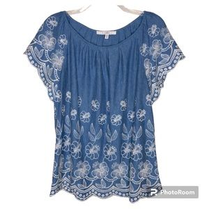 Fever Floral Embroidered Top in Denim Blue Boho Casual Size M